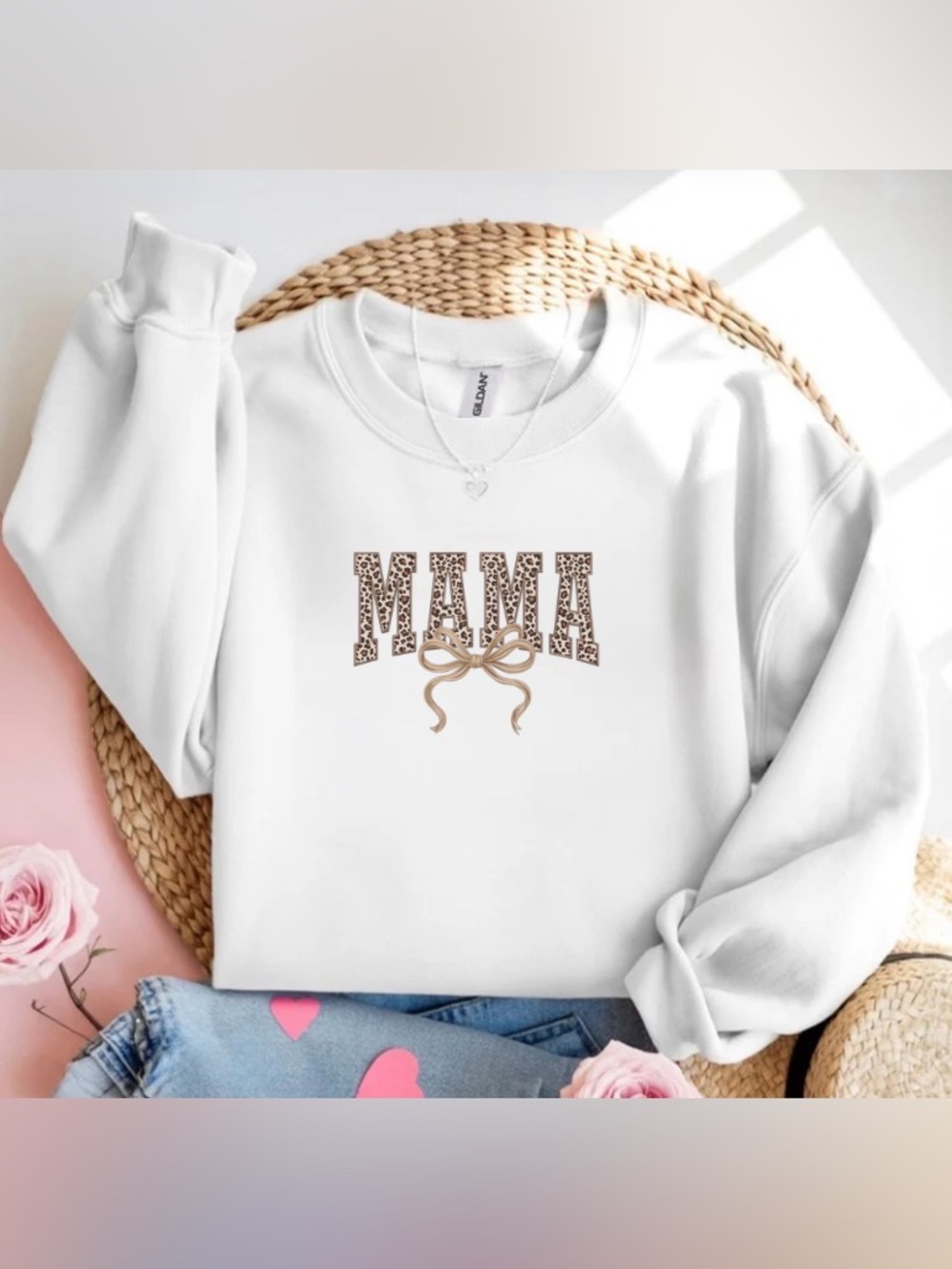 Leopard Print Mama Coquette Bow White Crewneck Sweatshirt Mom Gift